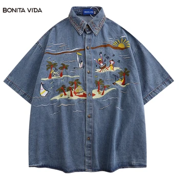 Traper košulja Harajuku Y2K s vezom u obliku kokos palme, traper košulje kratkih rukava, kaput, Ljetni modni pamučne majice slobodnog plave boje u stilu hip-hop