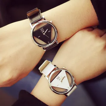 Trendi ženski kvarcni sat s šuplje trokutom, jednostavna novost i individualizam, kreativnih ručnih satova, crno-bijele kožne sat