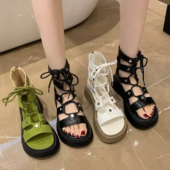 Trendy ženske čizme u rimskom stilu, s izrezima, ljeto 2023, novo, berba trendy ženske sandale na platformu s remenom sprijeda i otvorenim vrhom, ženske cipele