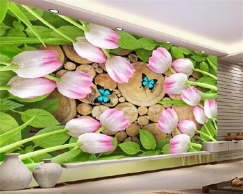 Tulipani Cvijeće od prirodnog Drveta Kreativni drveni gomila 3D TV pozadina Dekoracija zidova Slikarstvo Tapete na Red za dnevni boravak