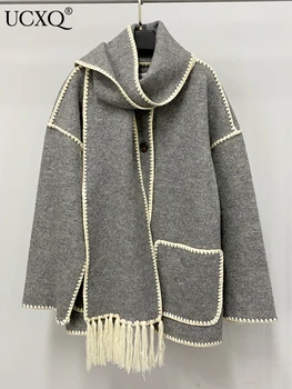 UCXQ, patchwork jakna s кисточками podol, ženski šal, okrugli izrez, dugi rukav, однобортное korejski vune kaput, ženski modni stil