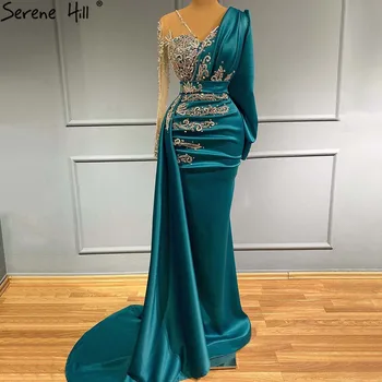 Večernje haljine Serene Hill Tamno zelena Sirena, satin večernje haljine, musliman, Elegantan Luksuzni Haljina s beaded 2023 Za žene, GLA71370