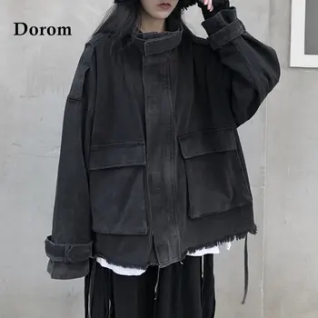 Vintage black traper jakna, ženska korejski svakodnevni jaknu sa velikim džep na zip, dugi rukav, slobodna jakna Оверсайз, odjeća, deniver kaput u gotičkom stilu Y2K