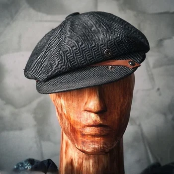 Vintage kapu газетчика, твидовая mornarska siva osmerokutni šešir unisex