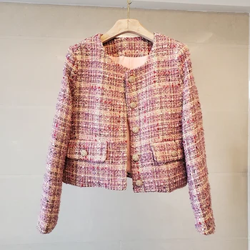 Vintage ženska gornja odjeća od ružičaste твида u kavez, nova jesensko-zimska visokokvalitetna однобортная mornarska kratka jakna s okruglog izreza, kaput