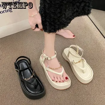 WTEMPO/Black Rimske Sandale; Ženske ljetne cipele u retro stilu Ins Tide s debelim potplatima s jednom riječju; Cipele na ravnim potplatima; Veleprodaja; Izravna Isporuka