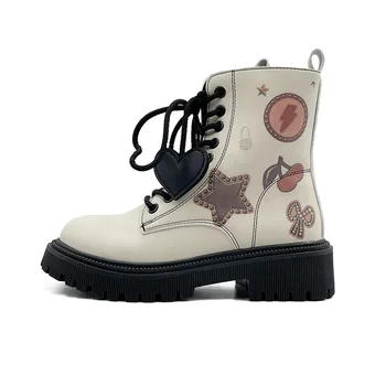 XPAY Casual cipele, ženske cipele na platformu i masivnim petu, jesensko-zimske moto čizme s debelim potplatima od uvezivanje u obliku srca, Veličina 35-39