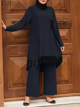 ZANZEA 2 kom., trendy ženske muslimanske setove, bluzu dugih rukava i šljokicama, брючные odijela, Slobodna абайя iz Turske, Odgovarajuće setove islamske odjeće
