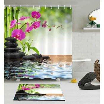 Zavjese za tuširanje Spa Spring Zen s tepih, bambusa orhideja, kamene ekrani za kupaonicu, vodootporan poliester tkanina za dekor kupatila