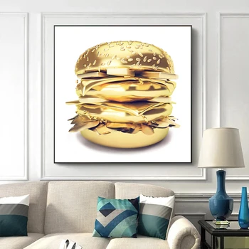 Zlatni Burger Slika na platnu je Moderan Cheeseburger Kuhinja dekor Hrana Zid umjetnički plakat Ispisuje sliku za uređenje dnevnog boravka