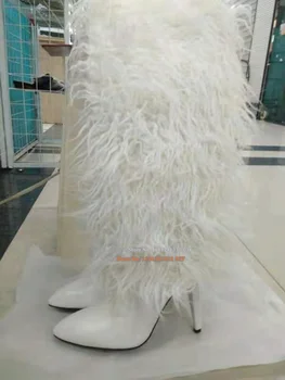 Čizme do koljena na ukosnica s oštrim vrhom i obojene blokove, bijelog krzna duge čizme, ženska zimska elegantne cipele za modnu pistu i stranaka na visokim potpeticama