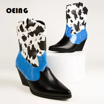 Šarene čizme u stilu Пастушки u zapadnom stilu; Ukusan kaubojske čizme s oštrim vrhom u patchwork stilu; Proljeće Novi Modni Ženske cipele