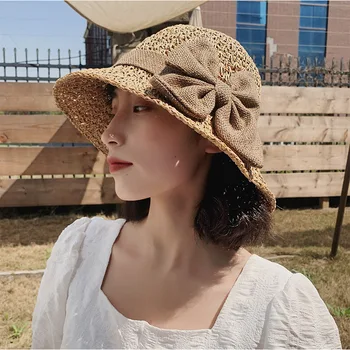 Šešir, ženska ljetna mali slamnati šešir od sunca s malim poljima, минималистичная šešir-kantu s lukom u japanskom stilu, univerzalni šešir od sunca
