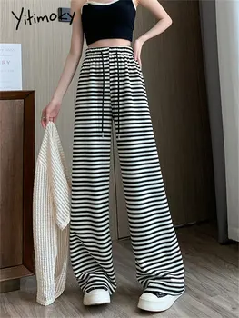 Široke hlače na pruge Yitimoky, novo 2023 godine, korejski modni ravne hlače s visokim strukom i tie, svakodnevne ženske hlače pune dužine
