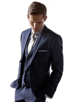 Šivana po mjeri sportska jakna, Hlače s 2 tipke, Tamno plave Tuxedos za mladoženju Sa urezima na Лацканах, Gospodo Vjenčanje odijela za Mladoženju (Jakna + Hlače + Prsluk + Kravata)