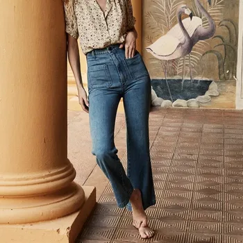 Ženske dvo-boja traperice u retro stilu, protežu s visokim strukom, spaljene slobodan široku traper duge hlače s džepovima, Jesen 2020 godine