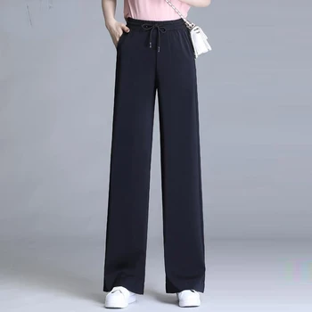 Ženske hlače, nove ljetne široke hlače od ledenog svile, svakodnevne ženske hlače s visokim strukom, Tanke Slobodne ravne hlače na zakopčane, hlače G388