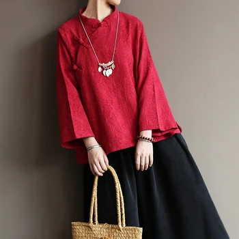 Ženske Košulje Johnature u kineskom stilu, Vintage bluze od dvostrukog pamuk, novo jeseni 2023, žakard ženske košulje s devet rukavima-vratnica, Vrhovima