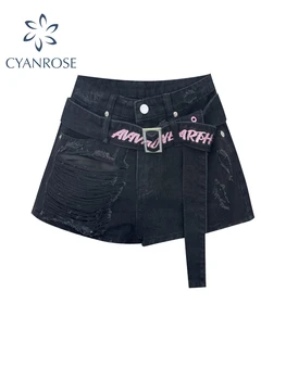 Ženske kratke hlače Y2k, Crnci, s visokim Strukom, poderane, gotička vanjska odjeća, Svakodnevne široke Kratke hlače u korejskom stilu харадзюку, Vintage kratke hlače, Ljeto 2023 godine