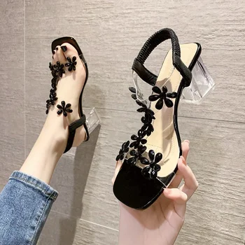 Ženske sandale na visoku petu cipele, novo ljeto 2023 godine, korejski moda, ukras u obliku malog cvijeta, prozirne ženske sandale na petu trgu