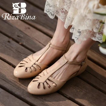 Ženske sandale RizaBina od prave kože s okruglim vrhom i T-neck strap 2023, ženska ljetna obuća ravnim cipelama, casual cipele za svaki dan, Veličina 34-39