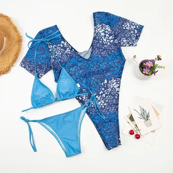 Ženski bikini set od 3 predmeta, plavi kupaći kostim, push-up, бандажный kupaći kostim s rešetkom, bodi kratkih rukava, ogrtači za kupanje, plaža odjeća