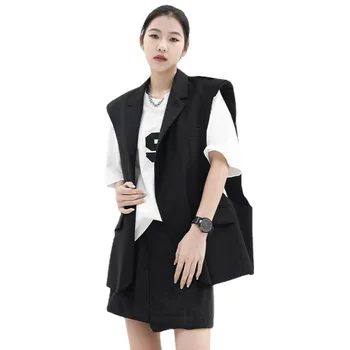 Ženski kostim bez rukava velikog силуэта, prsluk, proljeće-ljeto koreanska verzija, modni trend, slobodno i univerzalni svakodnevno crni kaput
