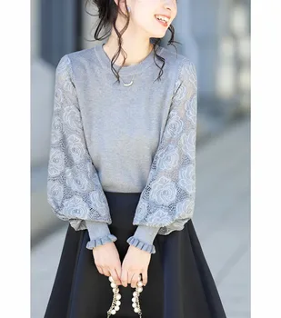 Ženski veste u japanskom stilu, slatka pulover okruglog izreza i dugih rukava, cvjetne čipke vez, cvijet, заплатанные pletene besplatne majice