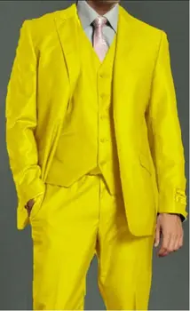 Žuta, Najnoviji stil, Muška odijela s šiljastih lapels, Obični Gospodo tuxedos, Moderan Muški blazer Terno Slim Fit (jakna + Hlače + Kravata + Prsluk).