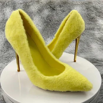 Žuti pero cipele-brod na заостренном petu, ženske elegantne подиумные luksuzne cipele na visoku petu 2023, šik cipele, čamaca, donje ljetno smještaj haljina 12 cm