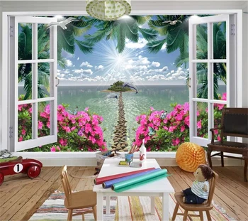 бейбехан Custom pozadine 3D freska prozor kokos palma morski pejzaž crveni cvijet kamena staza otok pozadine za desktop home dekor pozadine