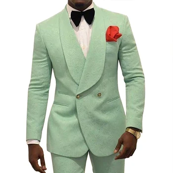 Двубортные мятно-zelene muška odijela za prom iz jacquard s cvjetnim ispis, приталенный vjenčanje smoking, 2 komada, muški modni blazer naručiti s hlačama