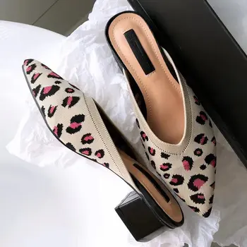 Остроносые pletene papuče-мюли, ljetne ženske леопардовые cipele na srednje debelom visokim potpeticama, boje sandale ženske prozračna japanke s v-izrez