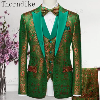 Торндайк, novi stil, zelena жаккардовый muško odijelo u zapadnom stilu, smoking s lapels, джентльменская tekstura, однотонный jedinstveni dizajn, povremeni