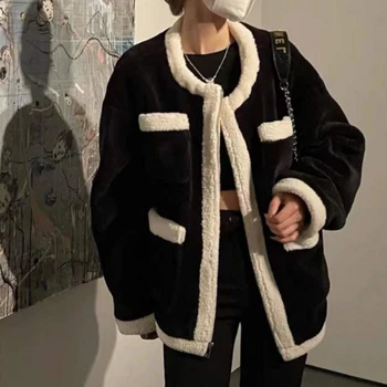 Утолщенная runo jaknu od ovčje vune, ženska moda kontrast ženska jakna s okruglog izreza, zimski besplatan topli ženski top s dugim rukavima