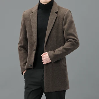 2023 Muška Moda koreanska verzija однотонного vune kaput srednje dužine, Novu jesensko-zimsko monotone vune kaput