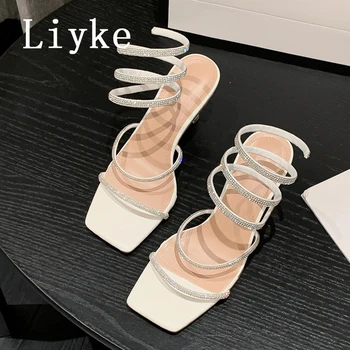 Liyke/ Ljetne Sandale-Gladijatori 7 cm, Ženske Modne Večernje Modeliranje cipele s Remenom na Щиколотке i Kristalima Na Visoku Petu, Večernje Modeliranje Cipele Sandalias De Mujer