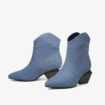 Plave elegantne cipele od денима na neobičnom pete 6 cm, s oštrim vrhom, pohranjuju toplinu ženske zimske čizme bez-uvezivanje, HL474 MUYISEXI