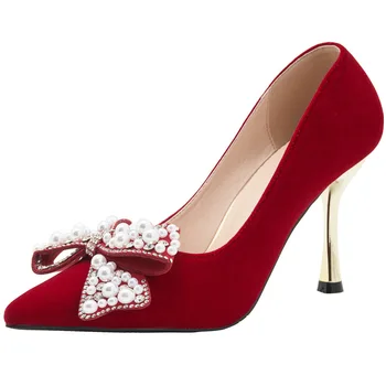 Veličina 30-44, Novo 2023, ženske crvene cipele vjenčanje na ukosnica s oštrim vrhom, ženske cipele na visoku petu s biserima i šljokicama