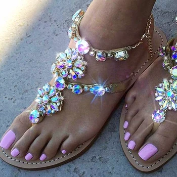 Ženske sandale ravnim cipelama, gorski kristal, nova moda, metalni lanac riblja kost, svakodnevni plaža roman cipele Sandalias De Mujer